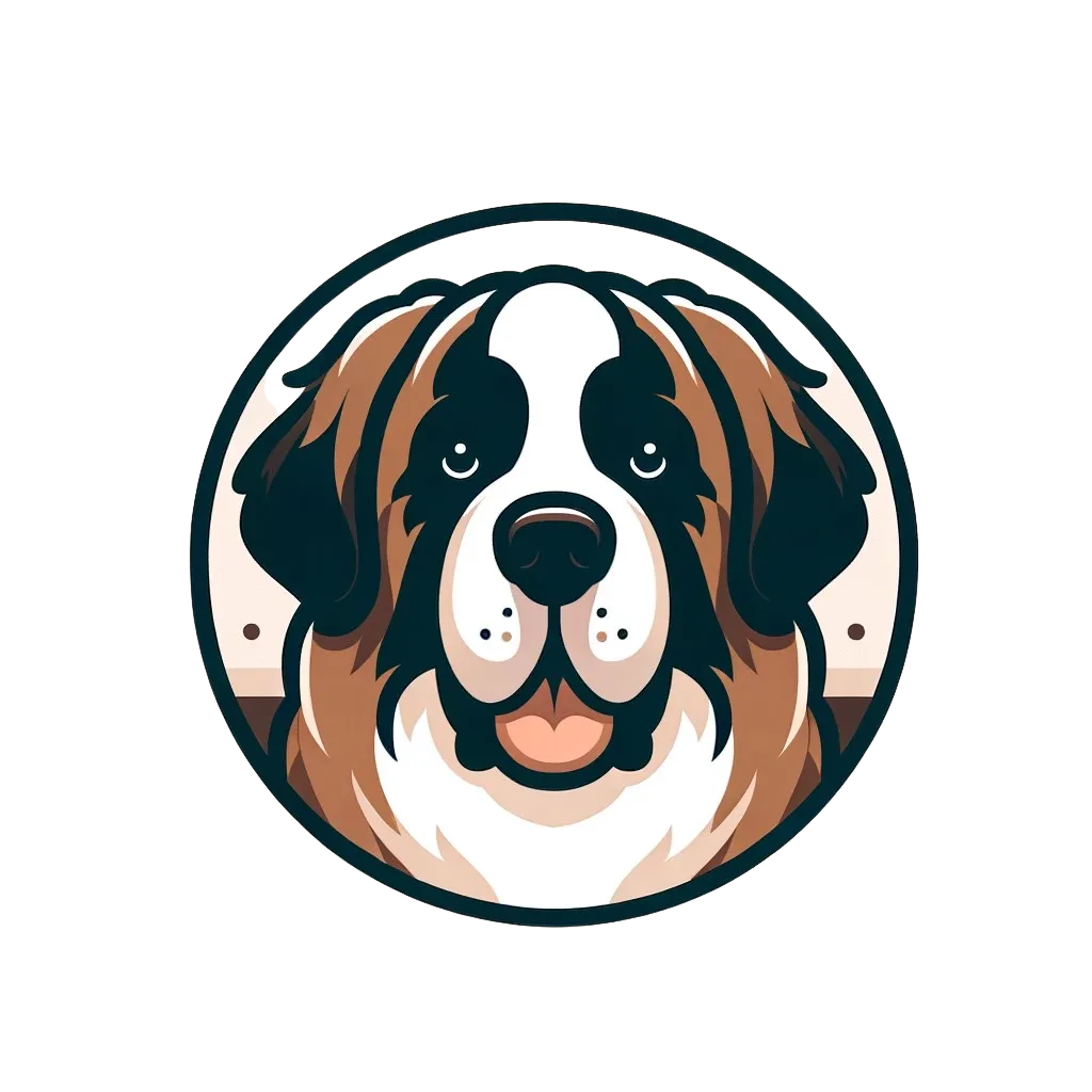 Illustrated logo of a Saint Bernard dog's head inside a dark circular border