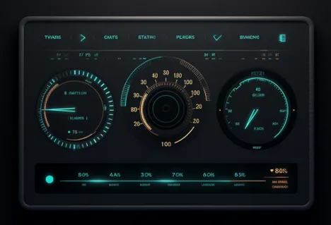 Dark dashboard interface with teal circular gauges, dials, and progress bars showing data readouts.