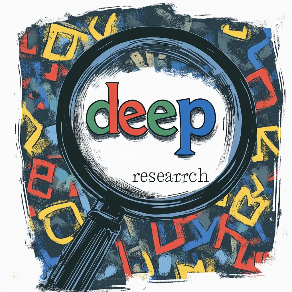 Magnifying glass over the word deep in red green blue, research below, scattered letters.