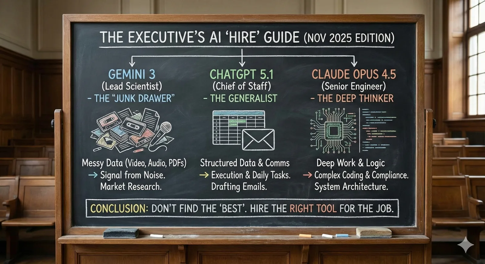 Chalkboard hiring guide comparing Gemini 3, ChatGPT 5.1, and Claude Opus 4.5 by task type.