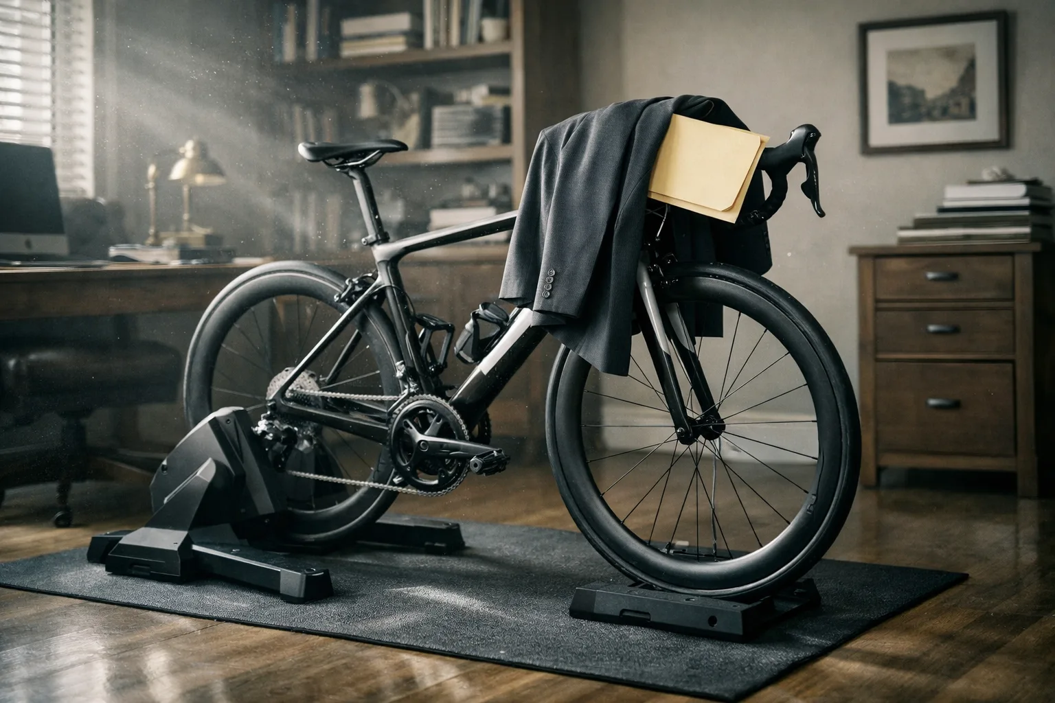 Road bike on an indoor trainer with a jacket and book draped over it in a study.