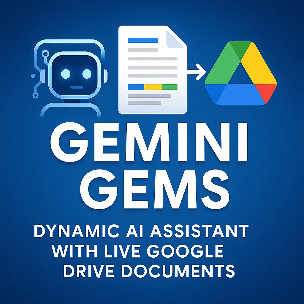 Blue graphic with robot, document, and Google Drive icons, text reading Gemini Gems, Dynamic AI Assistant with Live Google Drive Documents.