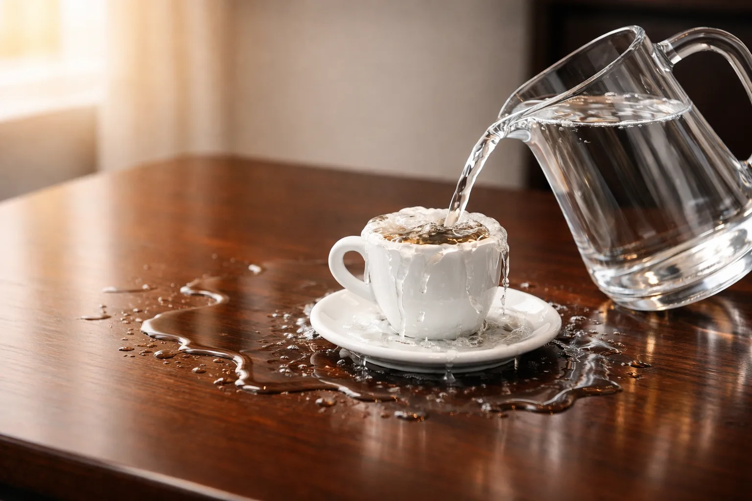Water poured from a clear pitcher overflowing a small white coffee cup and saucer, spilling across a dark wooden table.