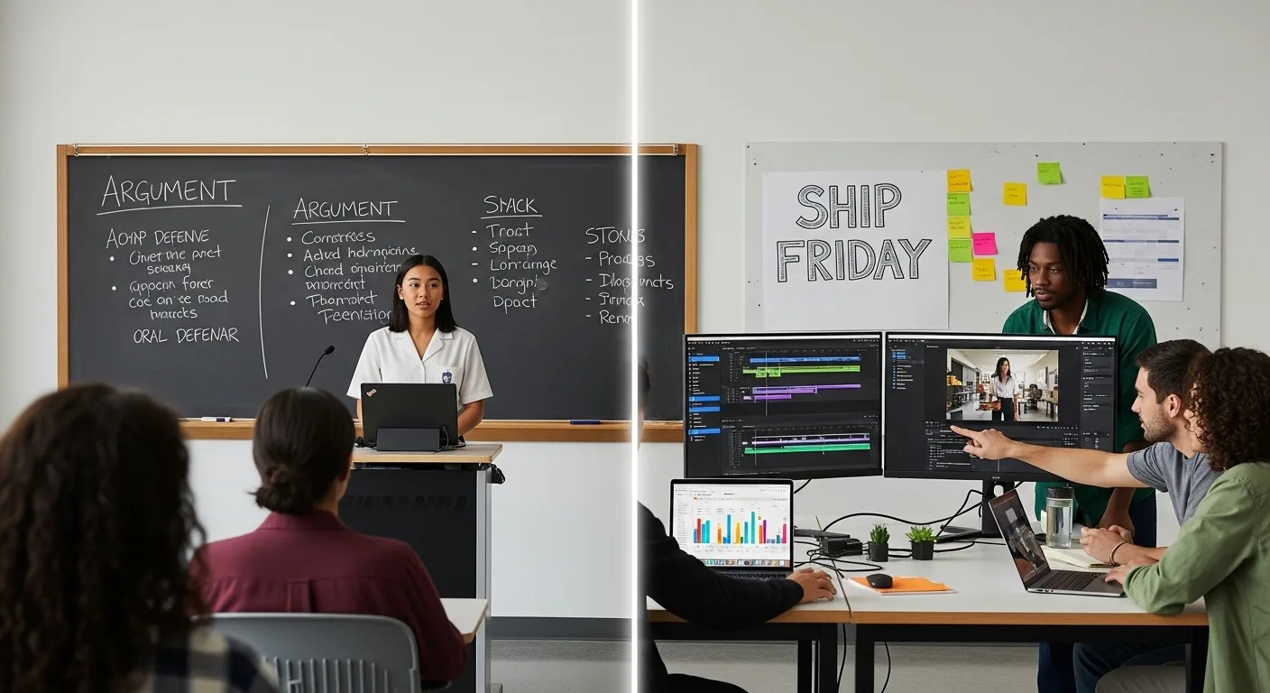 Split scene of a student presenting at a chalkboard and a team at video editing monitors