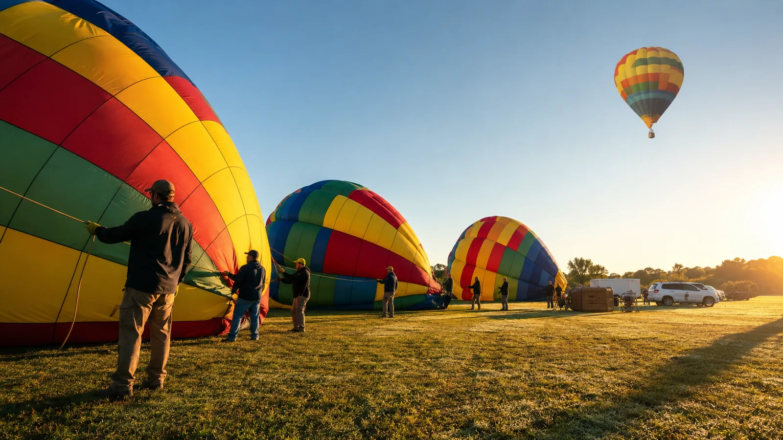 At sunrise on a grassy field, several crews work to inflate their colorful hot air balloons on the ground while one fully inflated balloon has already lifted off and floats high in the clear sky above them.