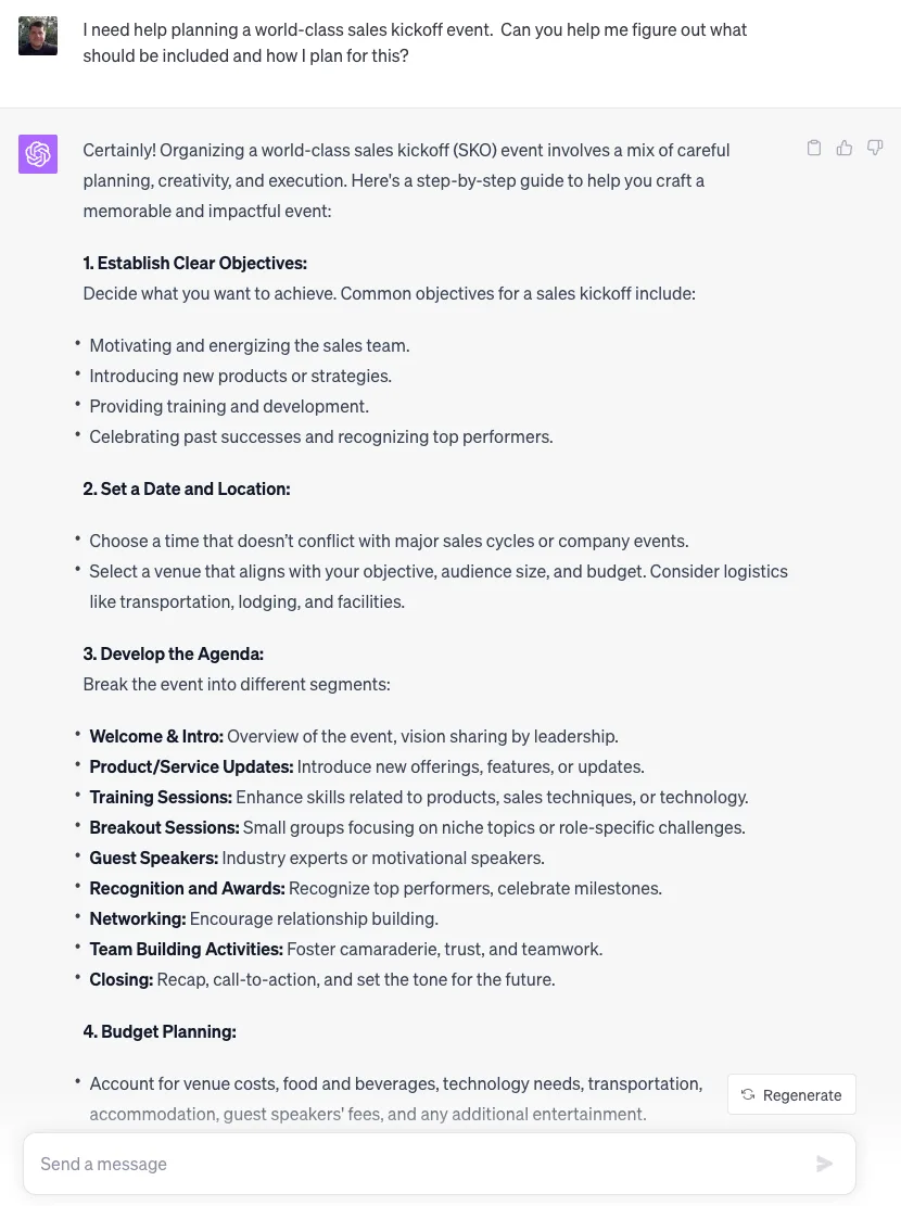 AI chat giving a step-by-step sales kickoff planning guide covering objectives, date, agenda, and budget.