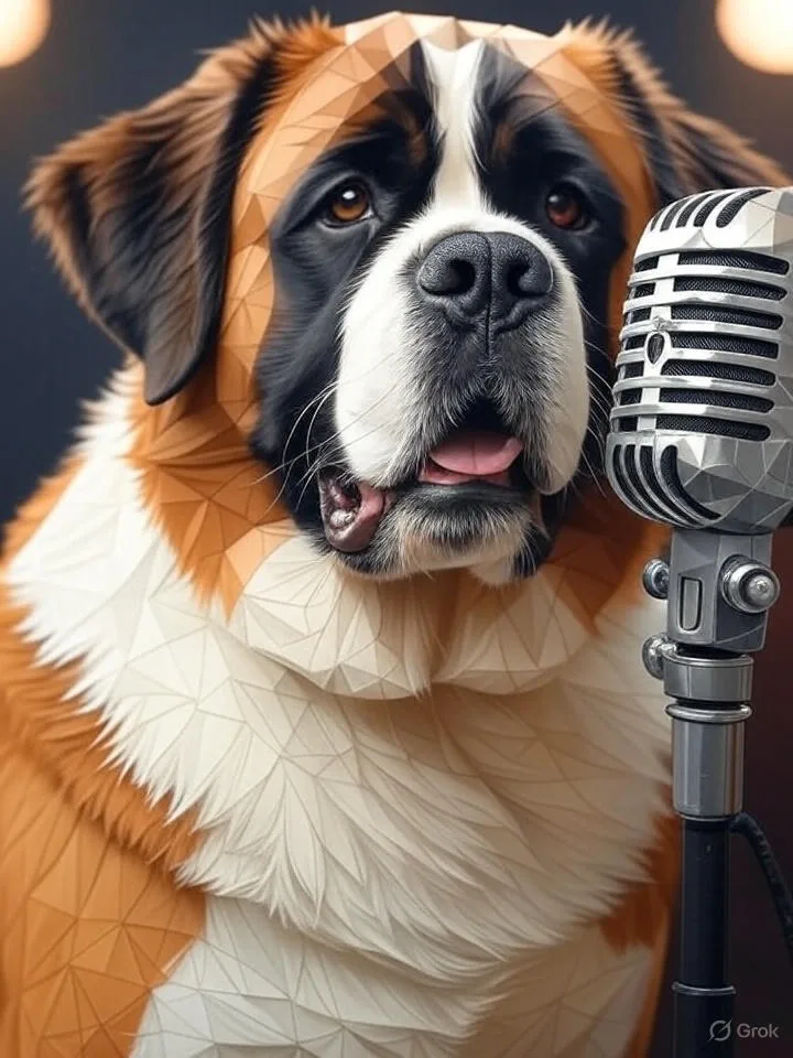 Stylized low-poly Saint Bernard dog beside a vintage silver microphone, Grok watermark
