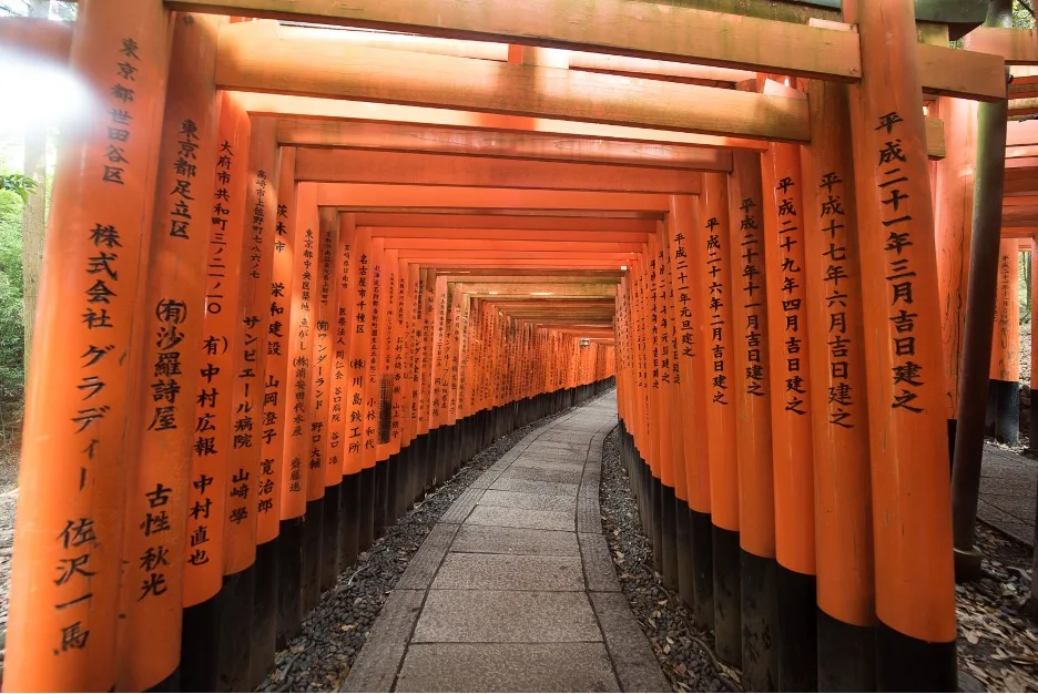 Tunnel of orange torii gates with Japanese inscriptions along a stone path at Fushimi Inari shrine.