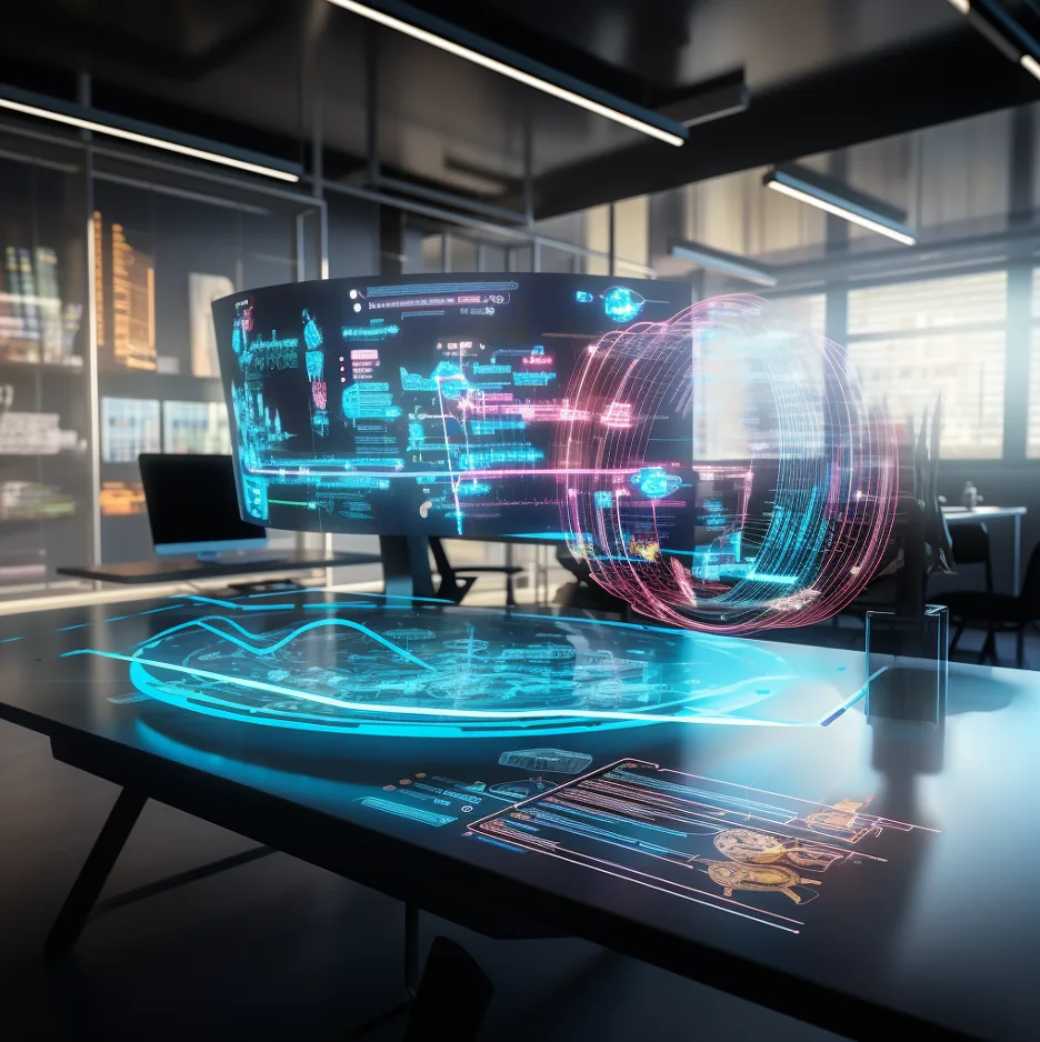 Futuristic office desk with a curved monitor and glowing holographic data displays