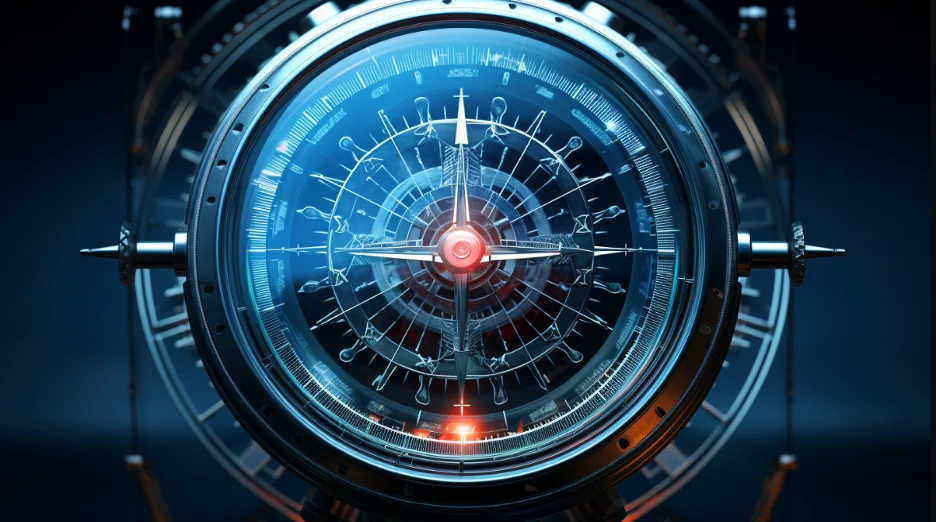Detailed glowing compass or gauge with a red center and crosshair needle against a dark blue background.