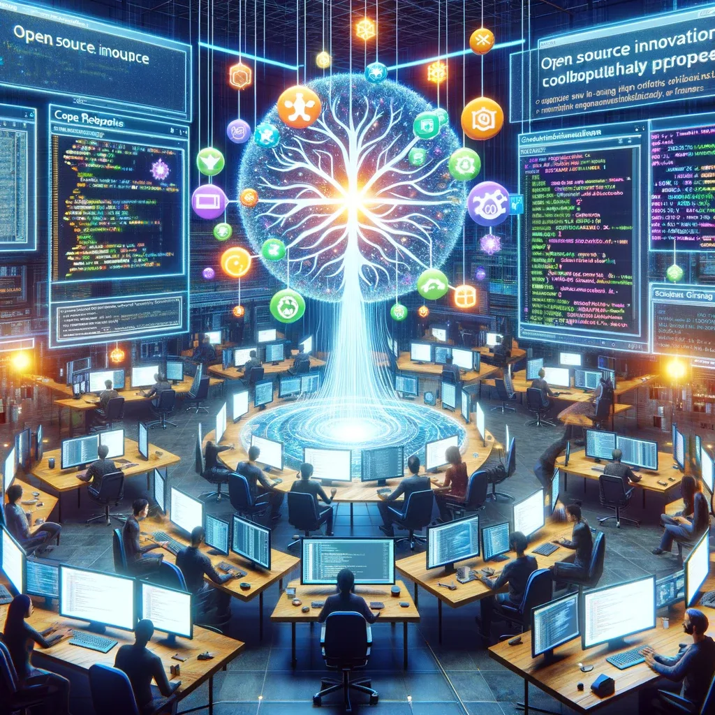 Glowing digital brain above an open-source office of developers, surrounded by code and software icons