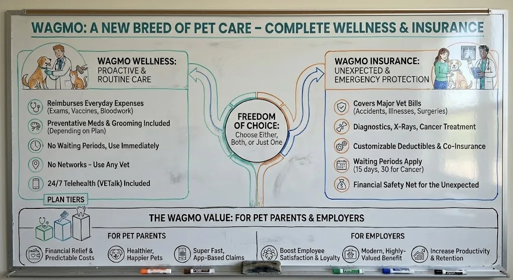 Whiteboard diagram of Wagmo Wellness and Insurance plans with a Freedom of Choice center and value tiers.