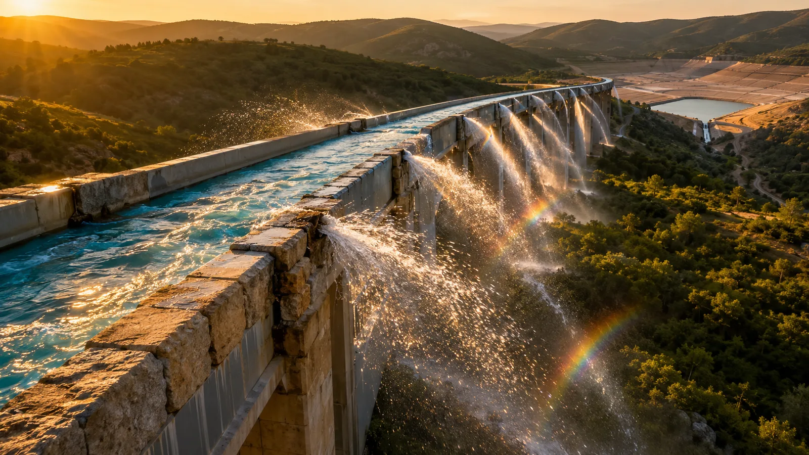 An aqueduct carrying bright blue water across green hills at golden hour, with water bursting out through gaps and cracks along its whole length and spraying into the valley below, throwing rainbows in the mist.