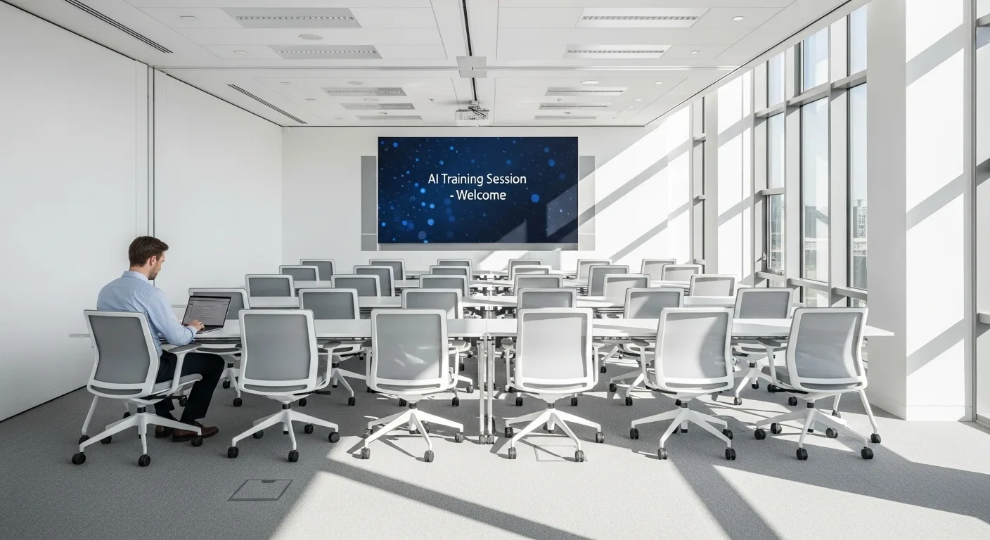 Bright empty conference room with white chairs, one man on laptop, screen reads AI Training Session Welcome.