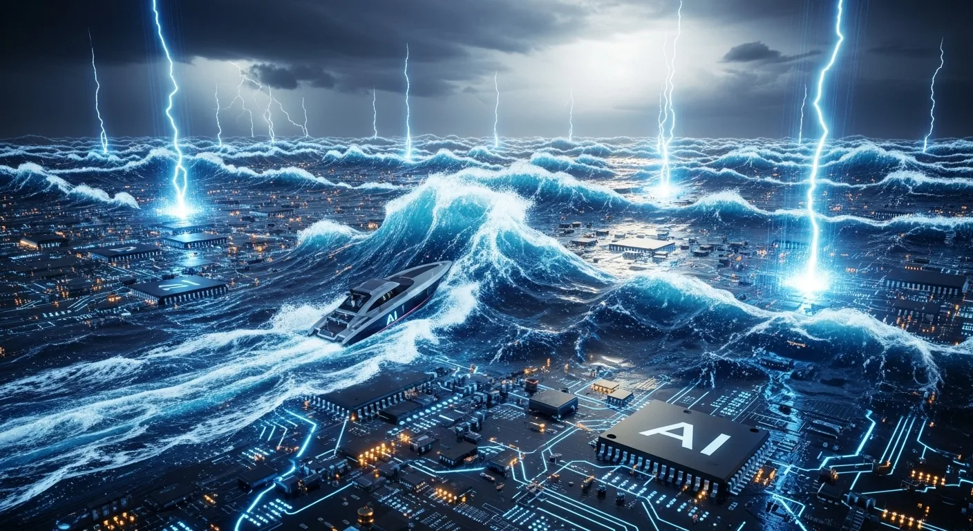 Stormy ocean waves and lightning over a blue circuit board labeled AI