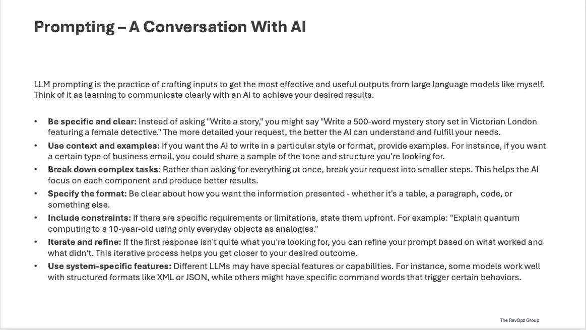 Slide titled Prompting, A Conversation With AI, listing tips for crafting effective LLM prompts.