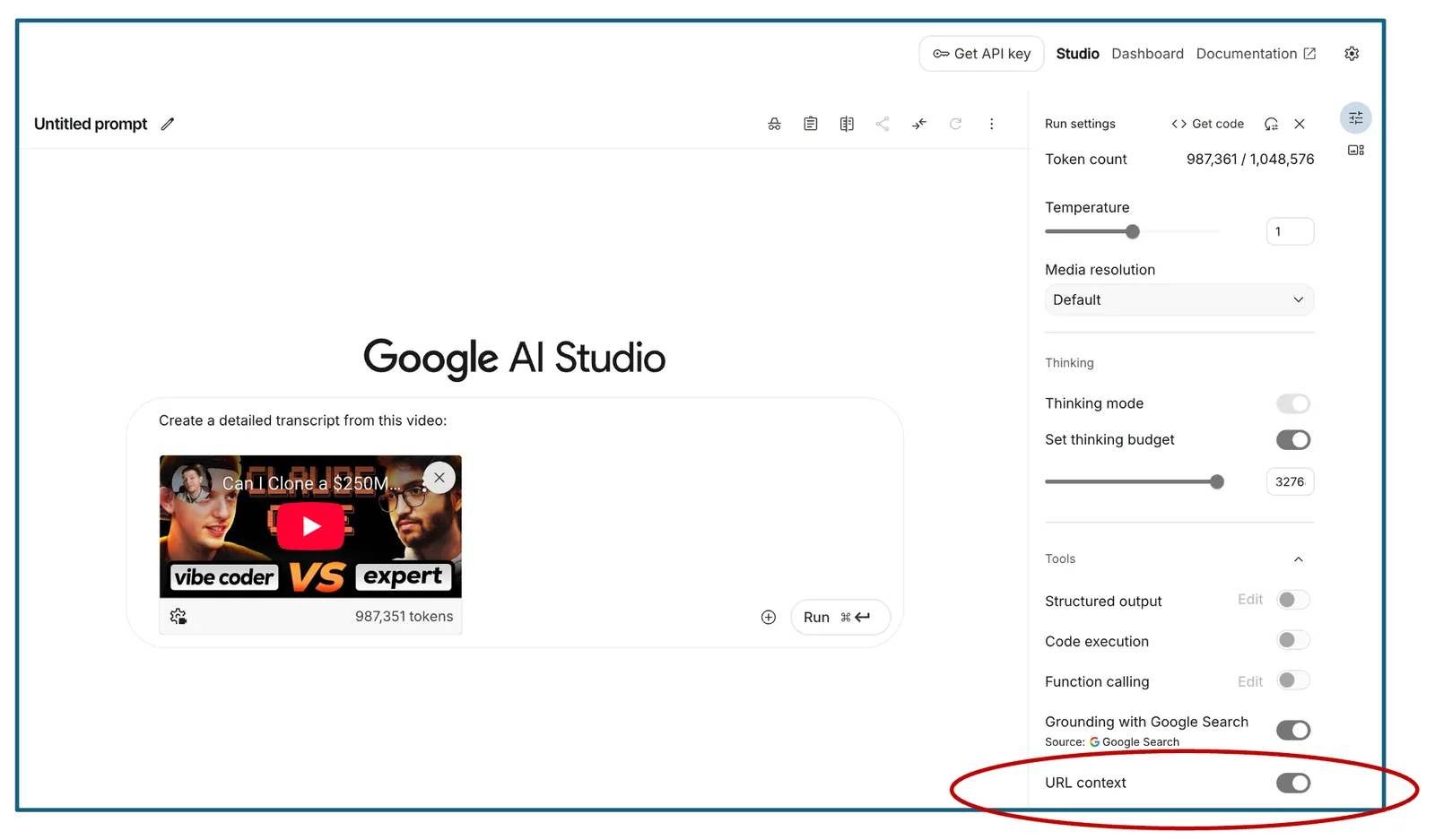 Google AI Studio prompt to transcribe a YouTube video, with URL context toggle circled in the run settings panel.