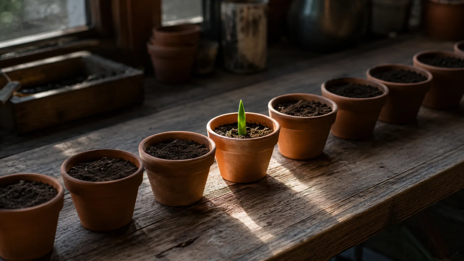 A row of small terracotta pots of soil on a wooden bench, with a single green seedling sprouting from the one in the middle.