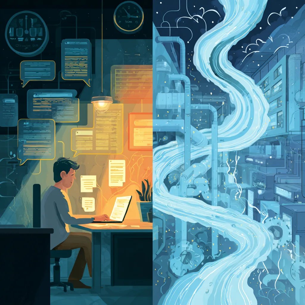 Split illustration: man at glowing laptop with chat bubbles on left, blue flowing streams and machinery right.