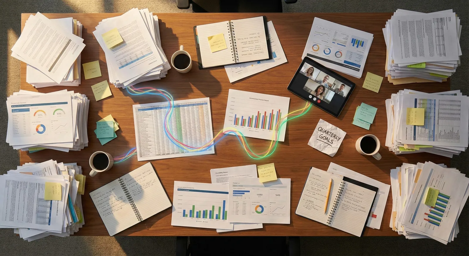 Overhead view of wooden desk covered with paper stacks, notebooks, charts, coffee cups, tablet showing video call