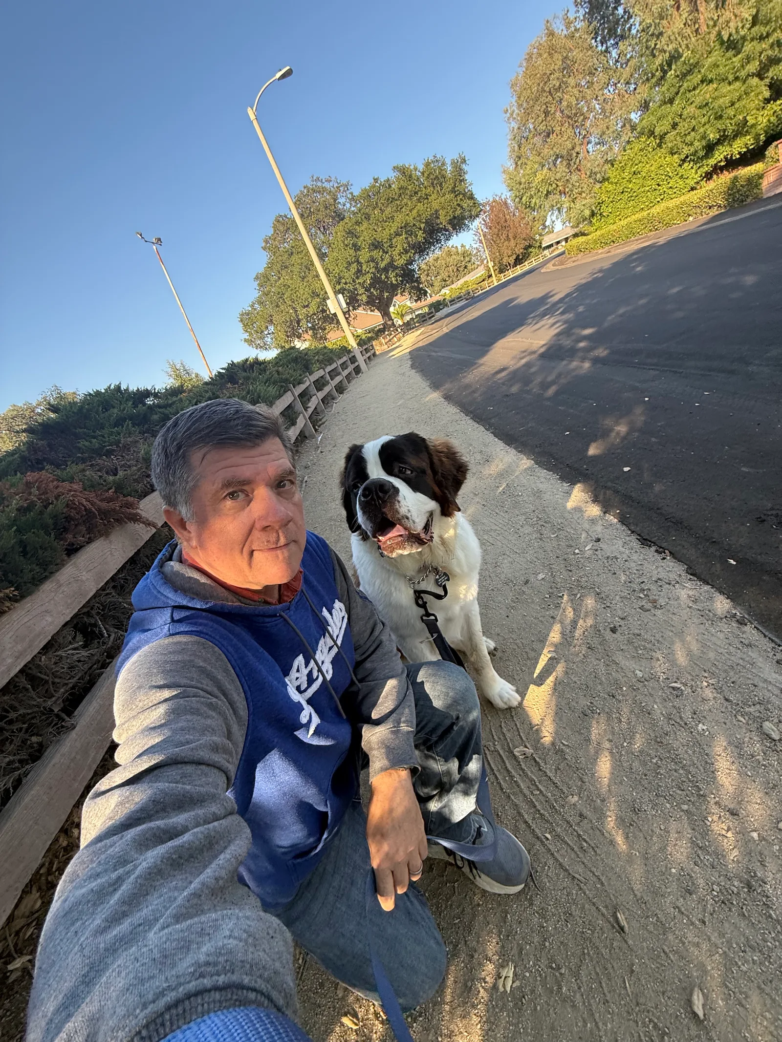 Man sits on a paved hillside path beside a large Saint Bernard dog under a clear sky.