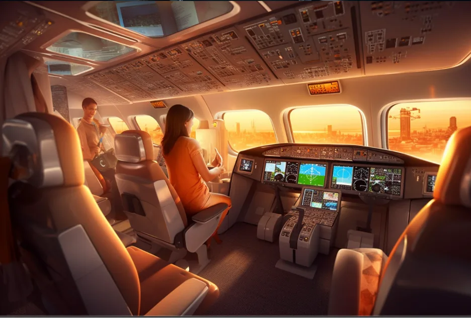Illustration of a futuristic aircraft cockpit with two people and many control screens at sunset.