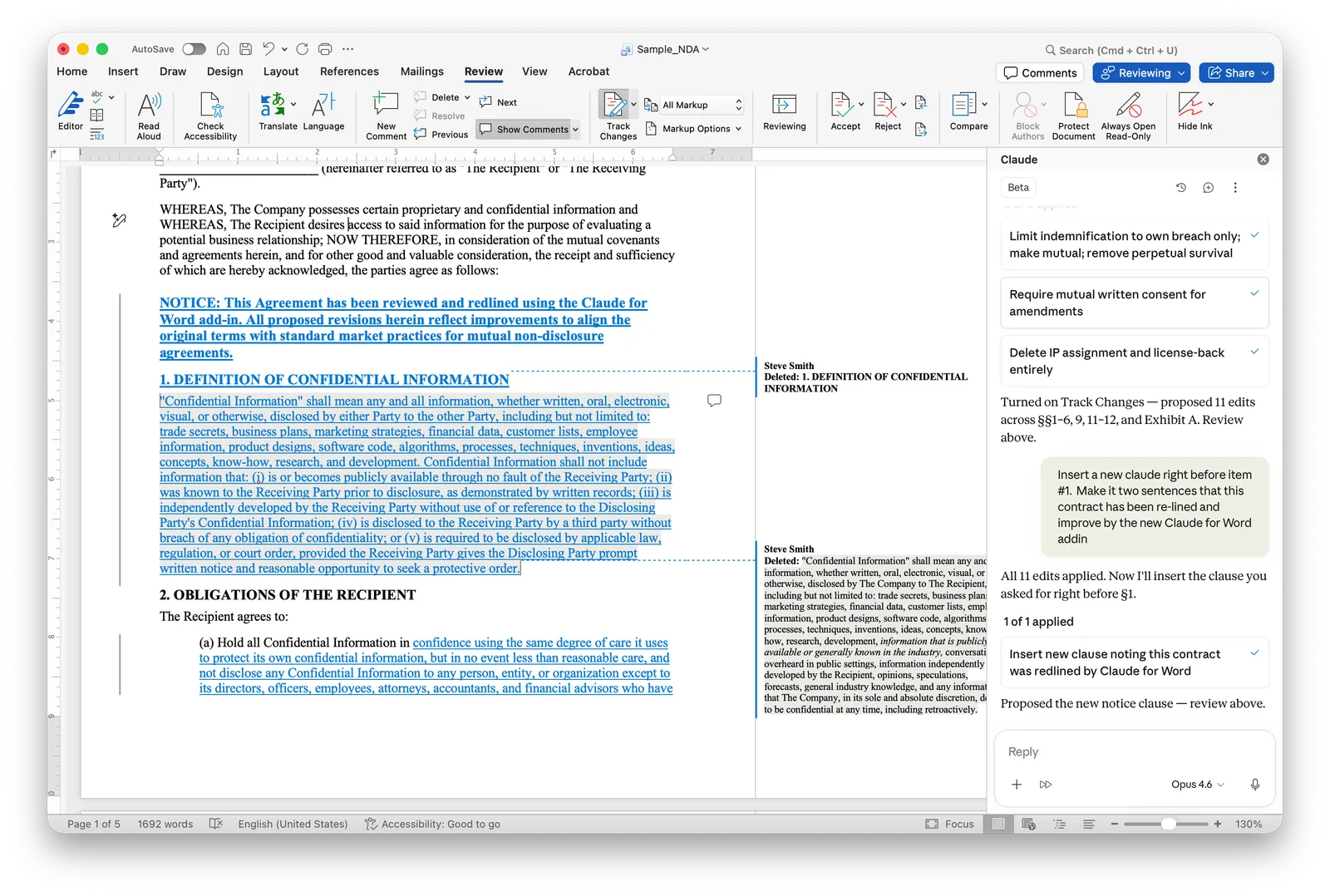 Microsoft Word document with tracked changes and a Claude AI review panel on the right.