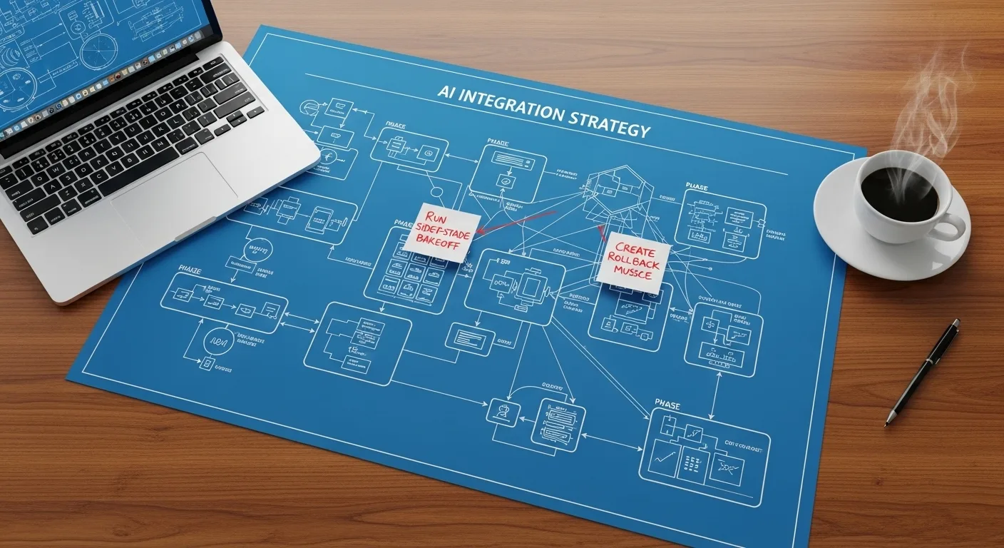 Blue AI Integration Strategy blueprint with red notes on bakeoff and rollback beside a laptop.