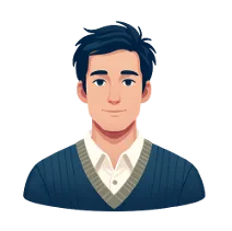 Cartoon avatar of a smiling man with dark hair wearing a navy V-neck sweater
