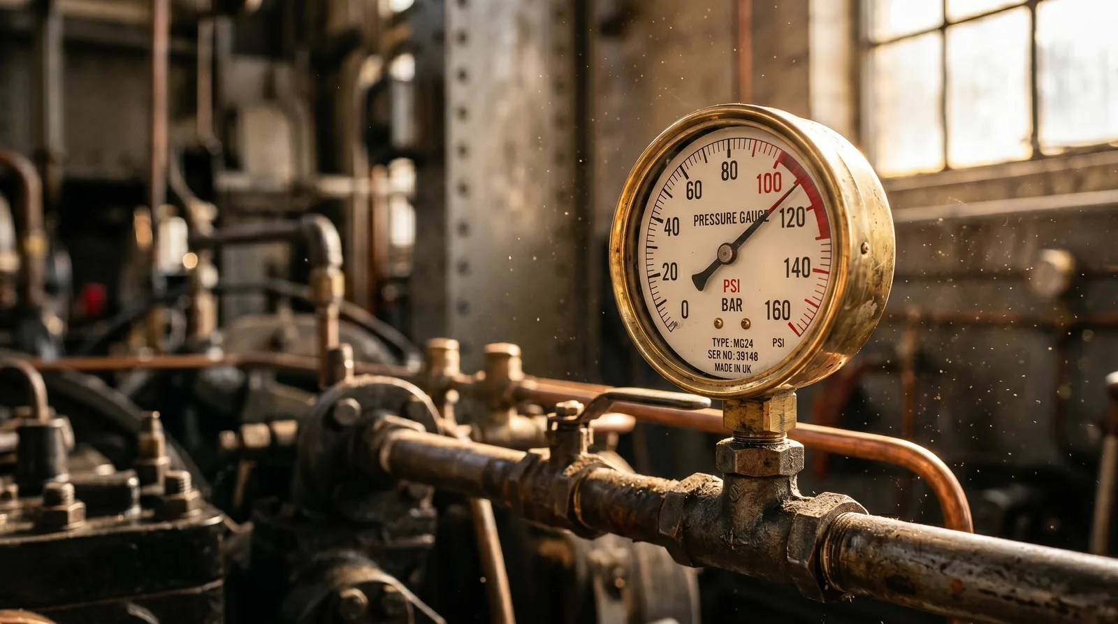 Brass pressure gauge reading near zero PSI mounted on copper pipes in an industrial plant.