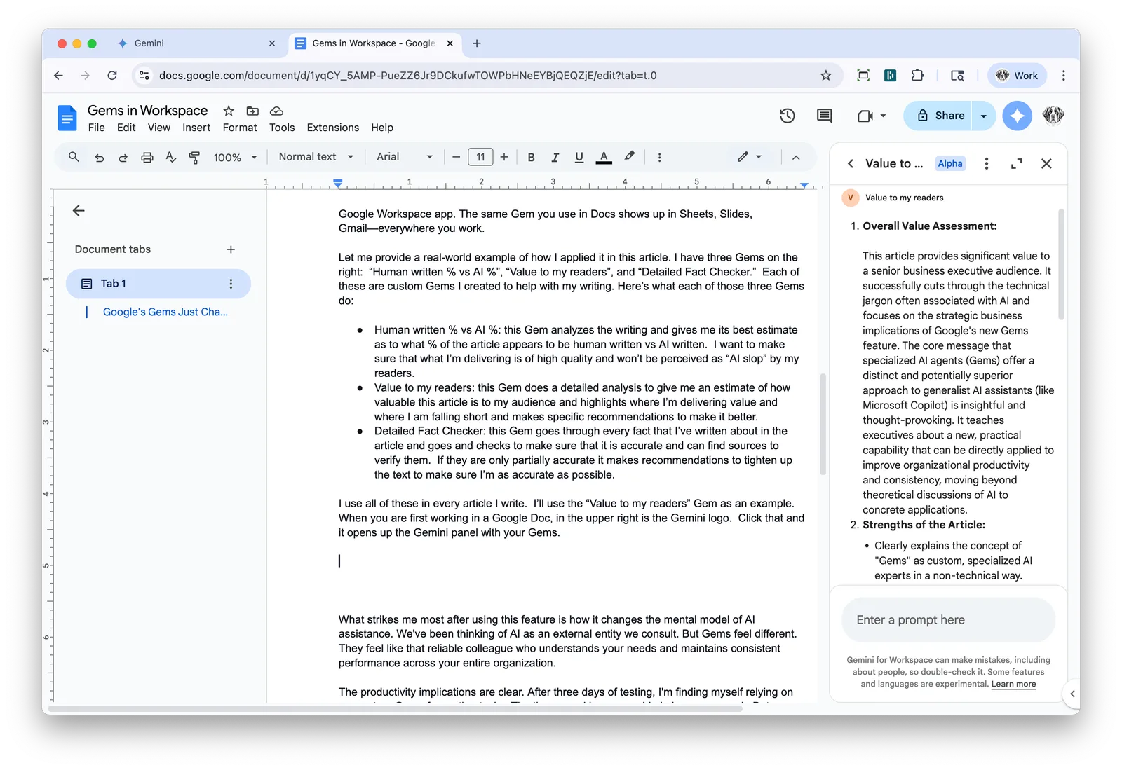 Google Docs showing the Value to my readers Gem returning an assessment in the side panel.