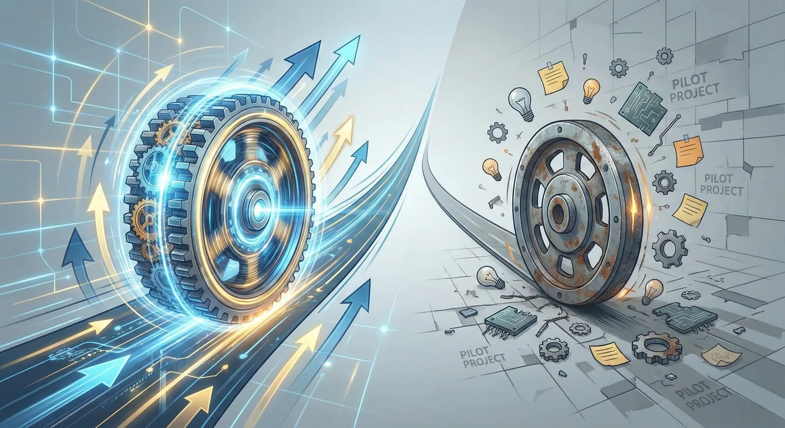 Glowing blue gear surging forward with arrows left, faded gray gears labeled Pilot Project scattered on right