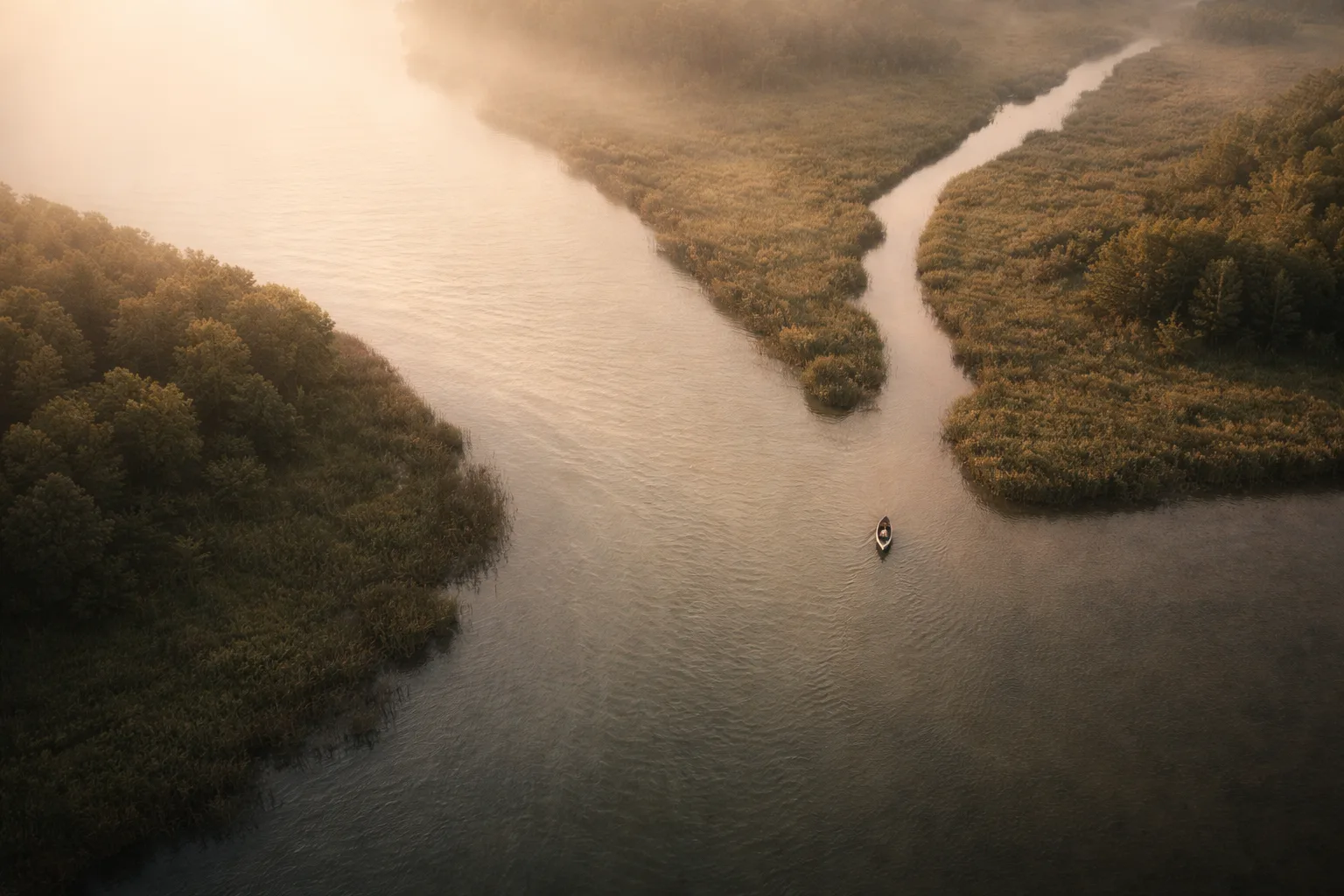 Aerial view of a small boat on a winding river splitting around forested land in golden morning mist.