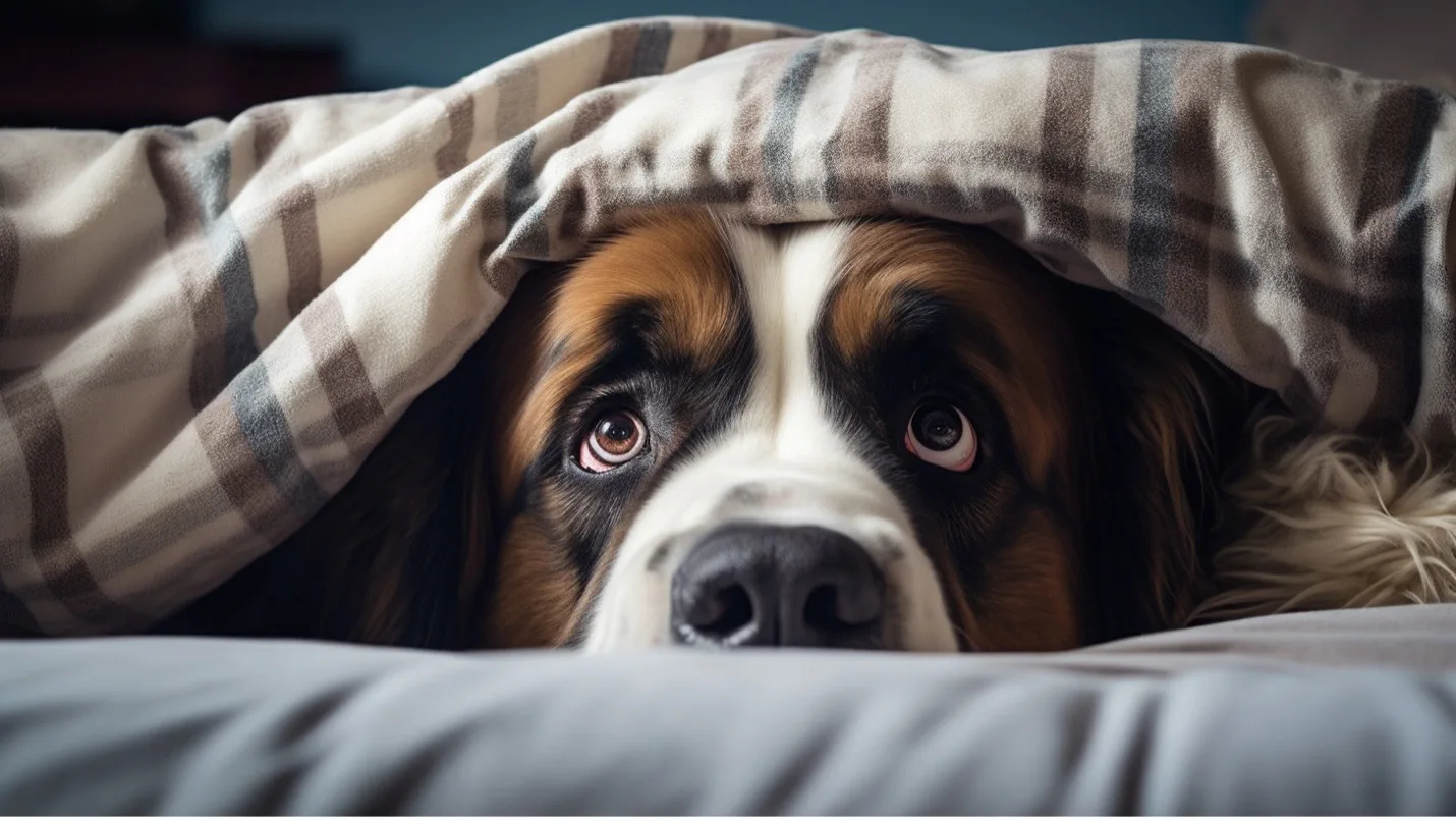 Large brown and white dog peeking out from under a striped blanket on a bed, eyes wide.