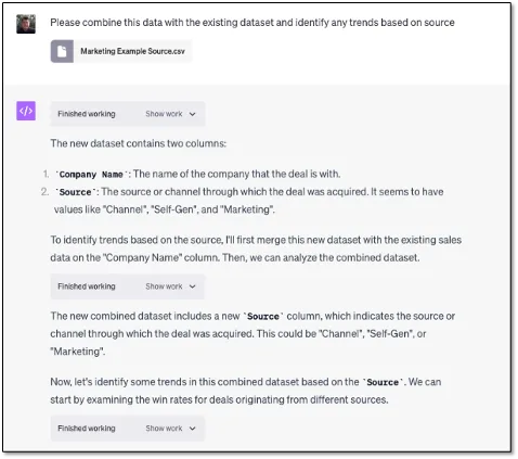 ChatGPT merging a Marketing Source CSV with sales data to analyze trends by source