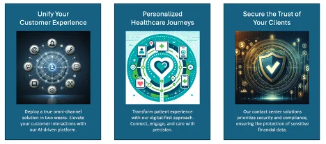 Three small panels: Unify Customer Experience, Personalized Healthcare Journeys, Secure Trust of Clients