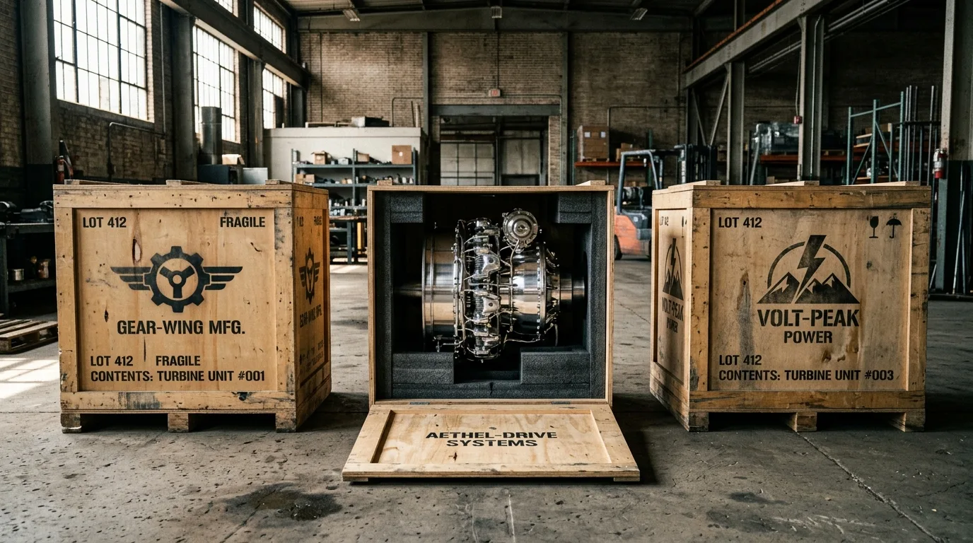 Three warehouse shipping crates from different brands, the open middle one revealing a turbine engine, implying the same engine inside different packaging.