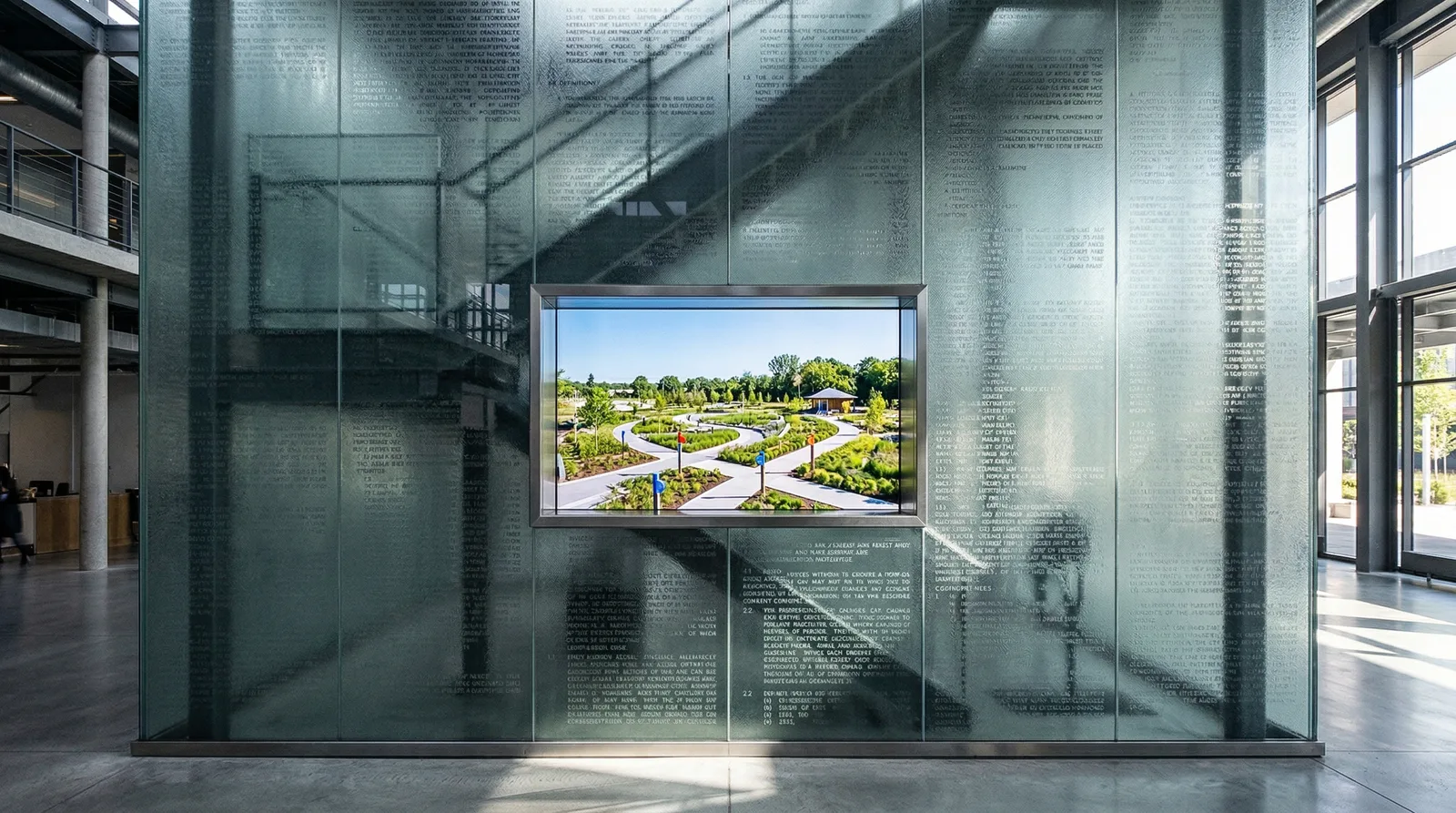 Screen showing a garden inside a glass walled atrium covered in printed text.