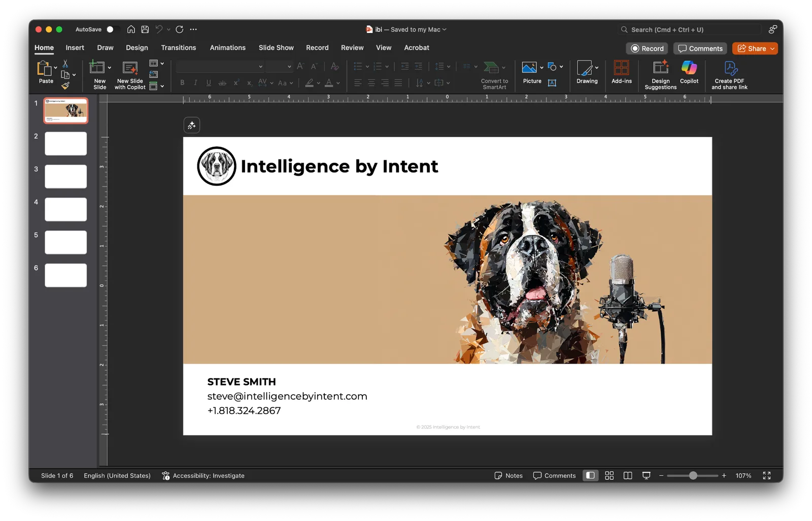 PowerPoint title slide with Intelligence by Intent logo, Saint Bernard and microphone art, and Steve Smith contact.