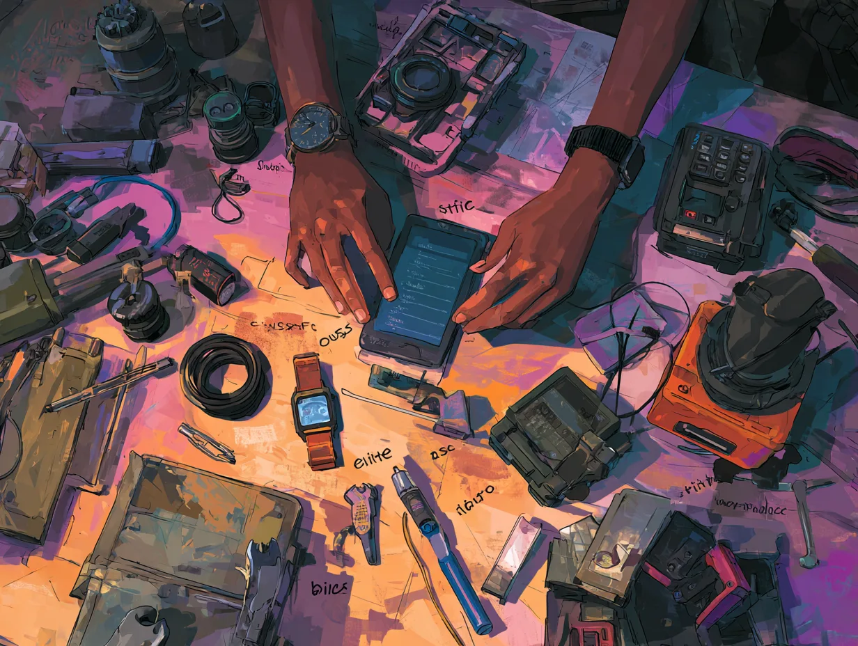 Hands on cluttered desk with cameras, cables, smartwatch, tools, gadgets under purple and orange lighting