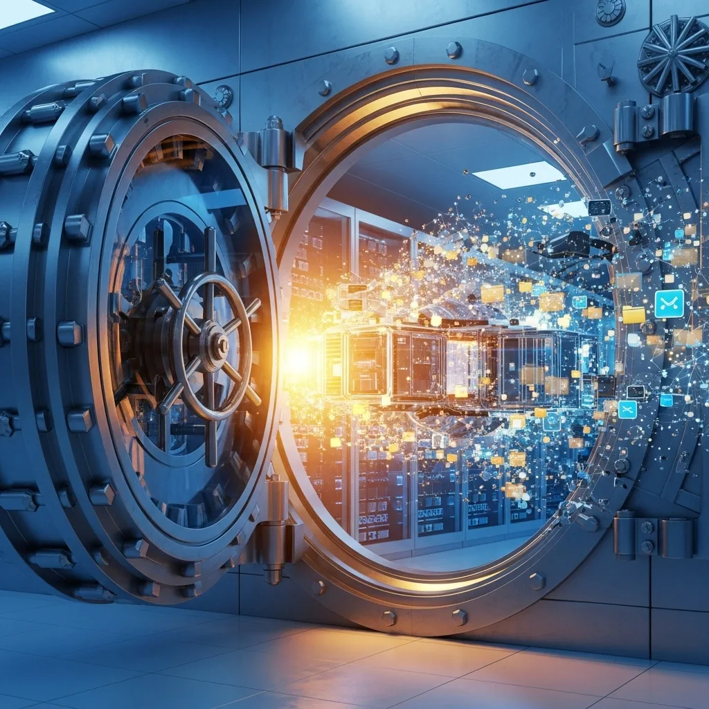 Open metal bank vault door revealing glowing orange and blue digital data particles inside.