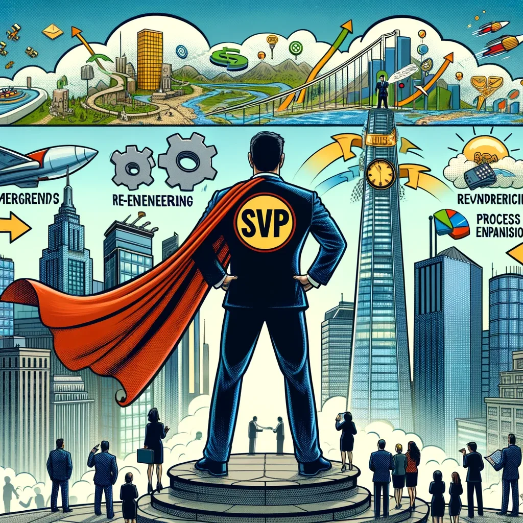 Illustration of a superhero in a cape labeled SVP standing before a city, crowd below.