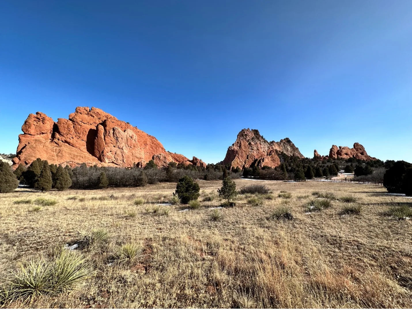 Red rock formations and dry grass under a clear blue sky at Garden of the Gods.