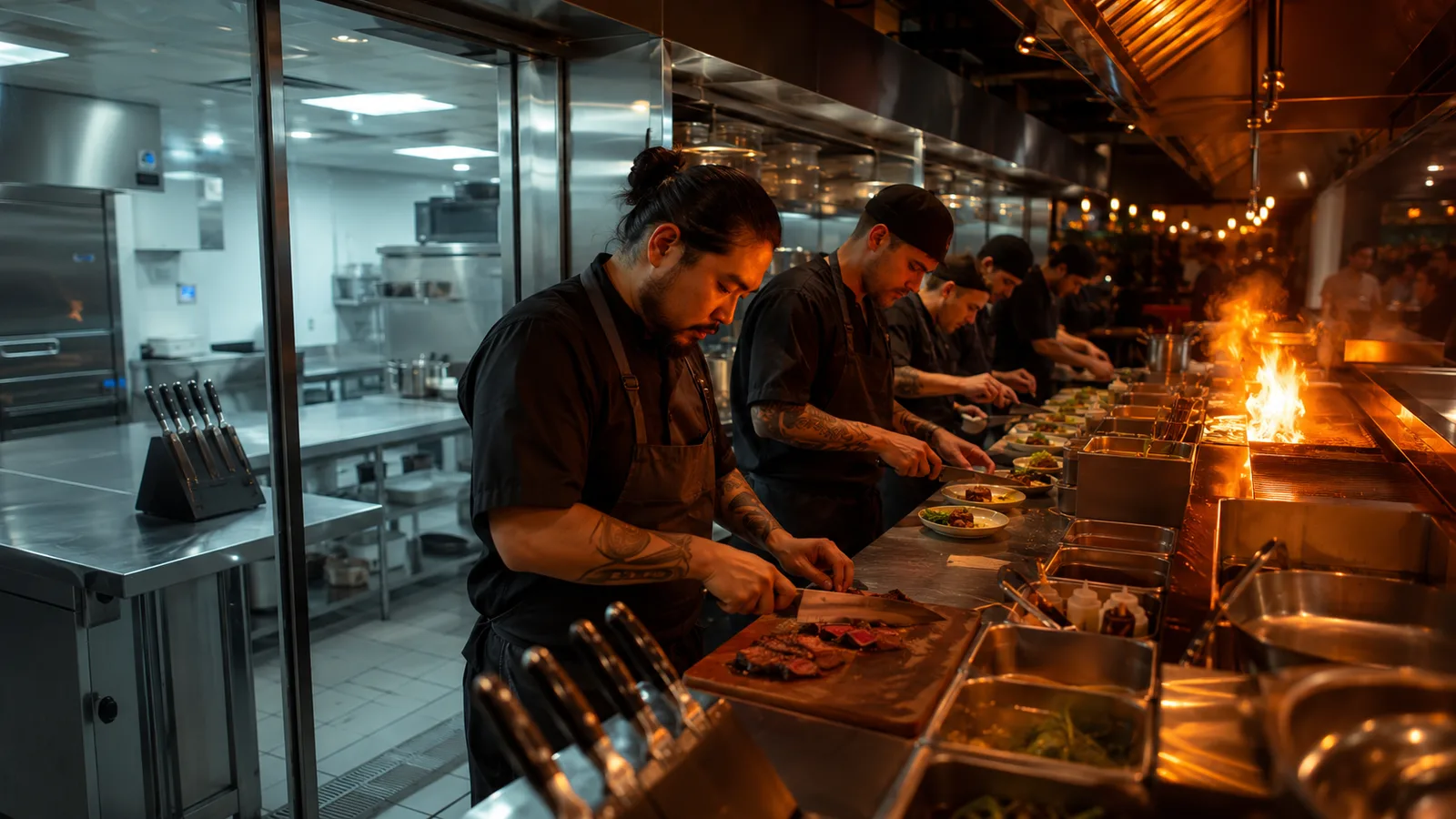 A busy restaurant kitchen at service, a line of cooks in black aprons plating dishes along a pass with flames rising from the grill on the right, while a spotless empty prep kitchen sits behind glass on the left.