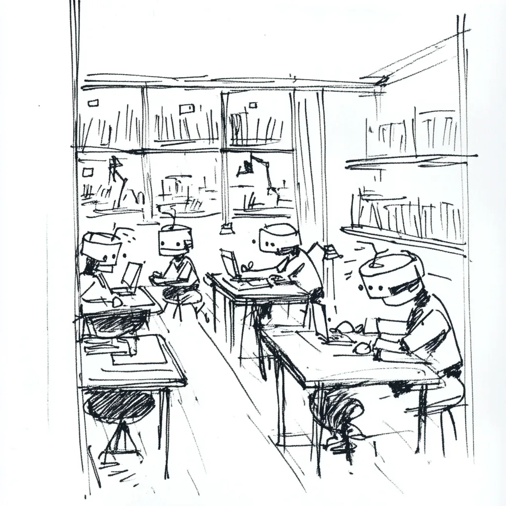 Black ink sketch of robot figures working at laptops in a library with shelves.