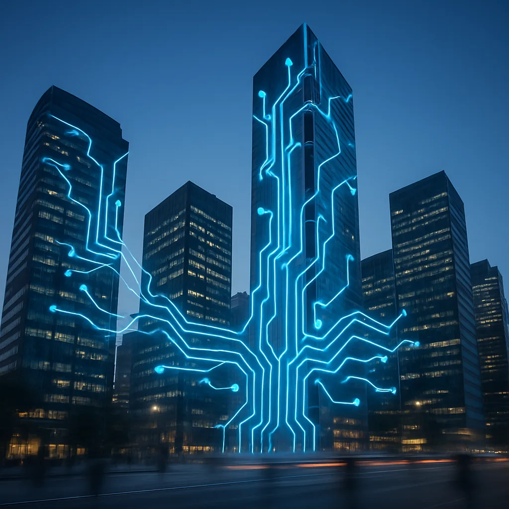 Glowing blue circuit-tree pattern climbing office skyscrapers at dusk against a deep blue sky.