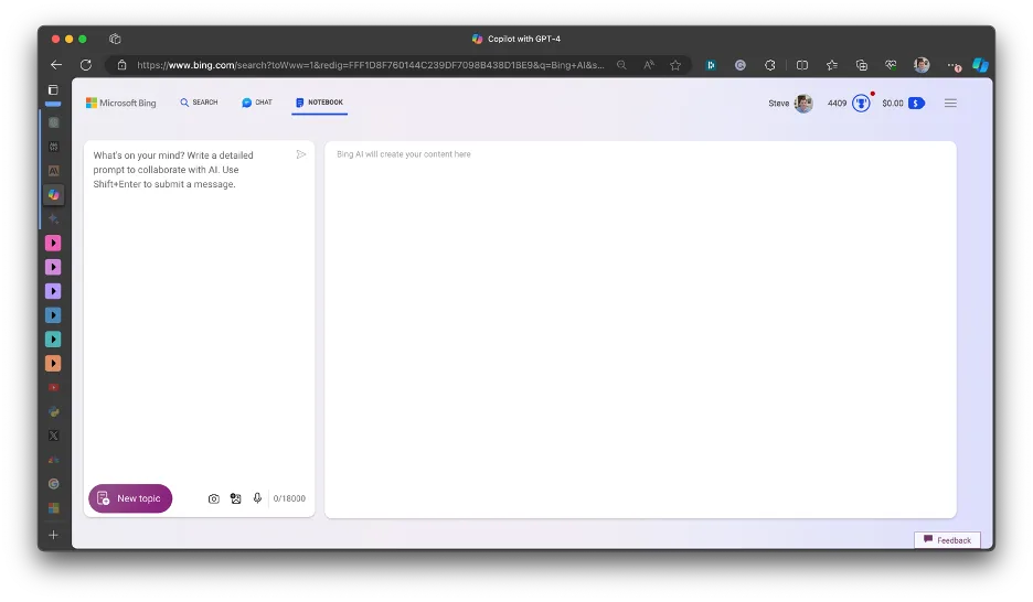 Bing Copilot Notebook view with an empty prompt panel and content area
