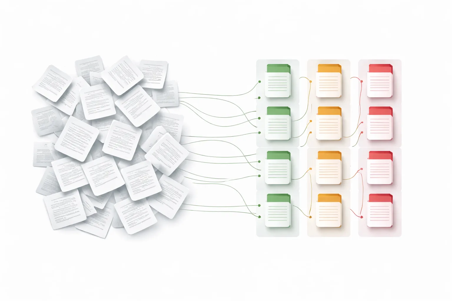 Pile of white documents linked by lines to sorted green, yellow, and red file cards.