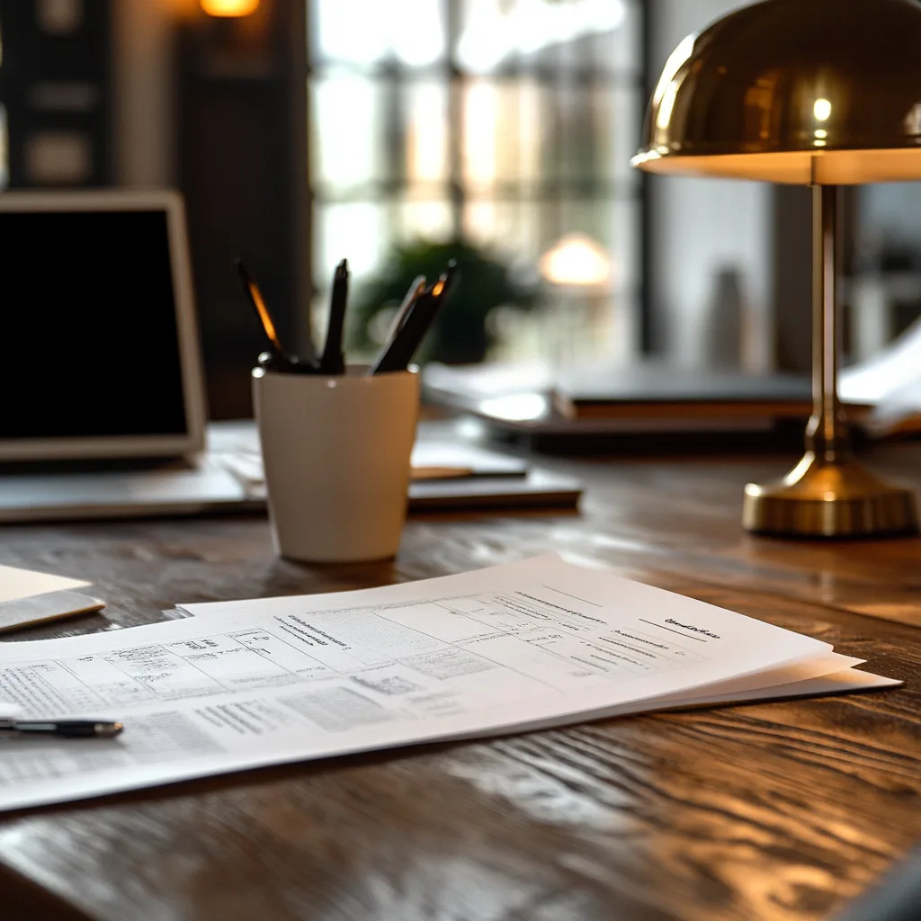 Wooden desk with printed documents, a pen, laptop, pencil cup, and a brass lamp.