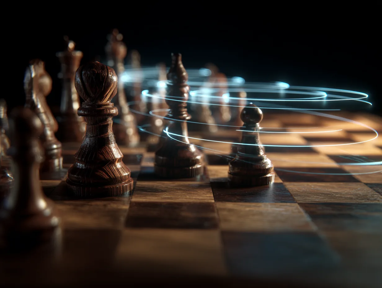 Wooden chess pieces on a board in dim light, with glowing blue spiral light trails.